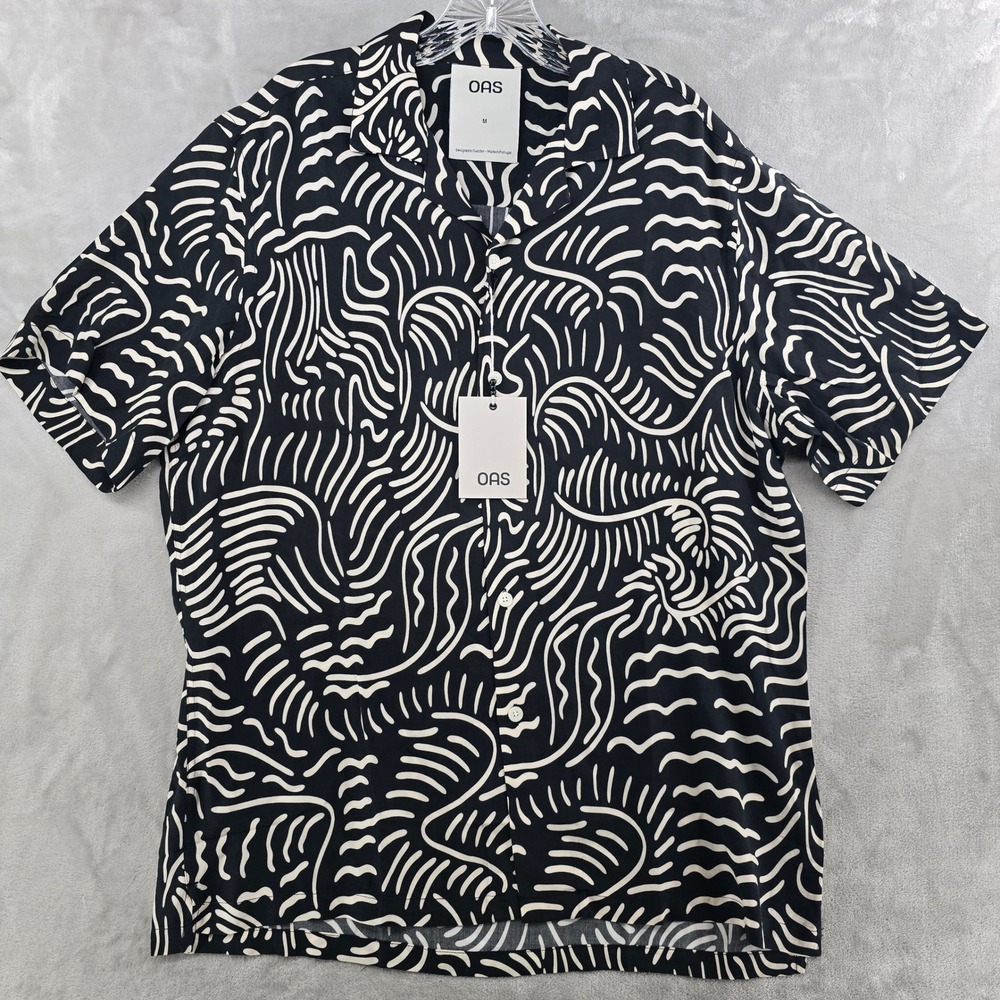 OAS Mens M Shirt Black Tar Lorenzo Viscose Abstract Wave Short Sleeve